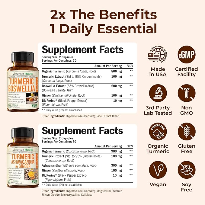 Boswellia Turmeric Curcumin Supplement + Turmeric Ashwagandha with Ginger Bundle – for Joint Health Energy &amp Immune Support – with Ginger Root Organic Turmeric Powder Curcumin with Black Pepper