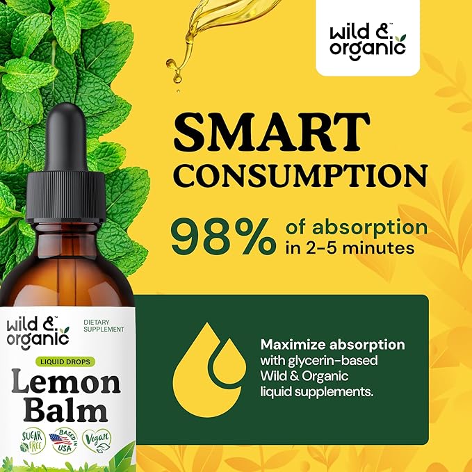 Wild &amp Organic Lemon Balm Drops - Relaxation Support - Lemon Balm Extract Supplement - Melissa Officinalis Herb Tincture - Add to Tea for Calmness Support - Vegan Sugar &amp Alcohol-Free - 2 fl