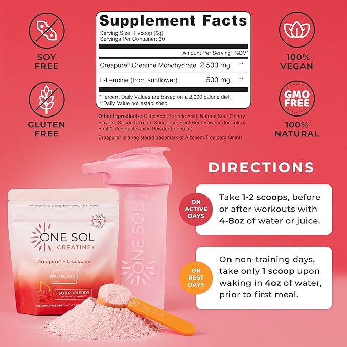 One Sol Creatine for Women All Natural Women’s Creatine Powder w Creapure &amp Leucine Increase Lean Muscle Mass Reduce Recovery Time Promotes Brain &amp Bone Health (Sour Cherry 60 Servings)