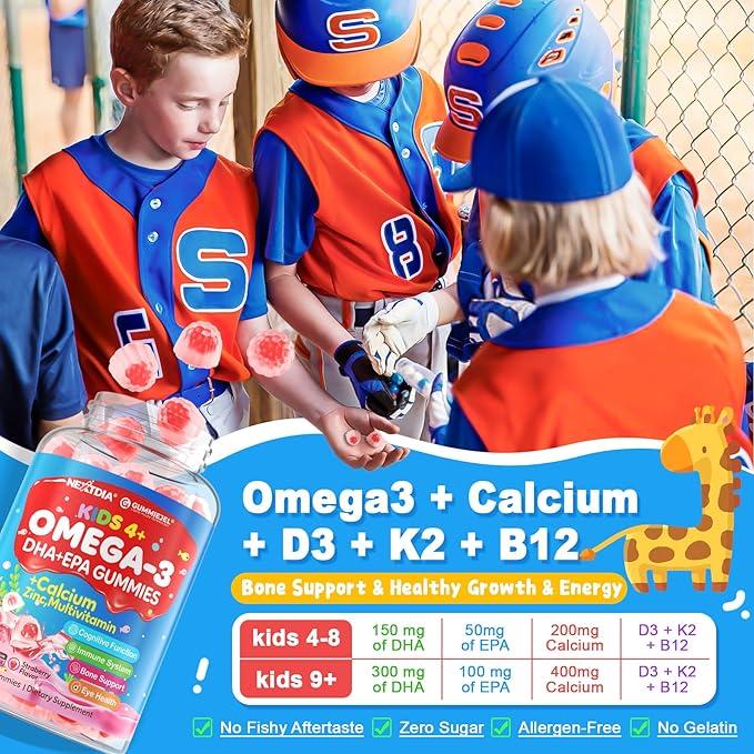 Omega 3 (EPA/DHA) Filled Gummies for Kids Teen with Multivitamin Calcium + D3 + K2 + Zinc Plus Vitamin A B1 B2 B12 C Selenium Iodine for Brain Eye Bone Energy No Fish Taste Sugar Free