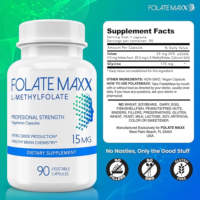 FolateMaxx L Methylfolate 15mg 90 Capsules – Doctor Formulated Methyl Folate Supplement for Women &amp Men – High Potency 5-MTHF for Energy Mood &amp Focus – Non-GMO Gluten-Free (3-Month Supply)