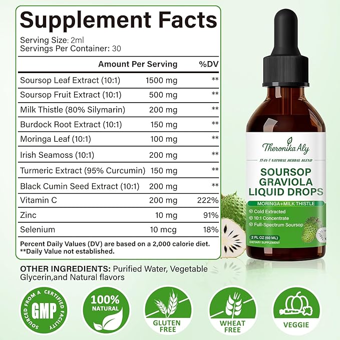 Soursop Bitters Liquid Drops 11-in-1 Herbal Blend with Soursop Extract Sea Moss Moringa Turmeric Black Cumin &amp Milk Thistle Soursop Drops for Daily Wellness 2 Fl Oz