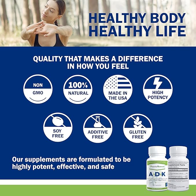 Power By Naturals ADK Vitamin Supplement – High Potency Blend of Vitamin A D3 5000 IU &amp K2 MK7 for Bone Health – Vitamin A D K Supplement – 60 Capsules (2 Month Supply)