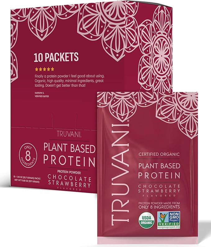 Truvani Vegan Pea Protein Powder | Chocolate Strawberry | 20g Organic Plant Based Protein | Single Serving Travel Packets | 10 Servings | Keto | Gluten &amp Dairy Free | Low Carb | No Added Sugar