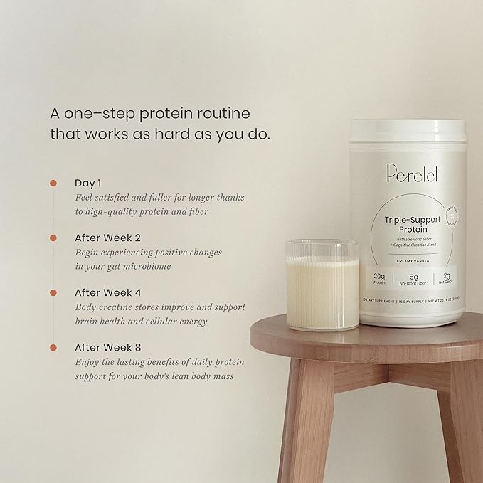 Perelel Triple-Support Plant Based Protein Powder Creamy Vanilla 20g Vegan Protein Powder 3g Creatine Monohydrate &amp 5g Prebiotic Fiber per Serving Dairy Free No Sugar Added 15 Day Supply
