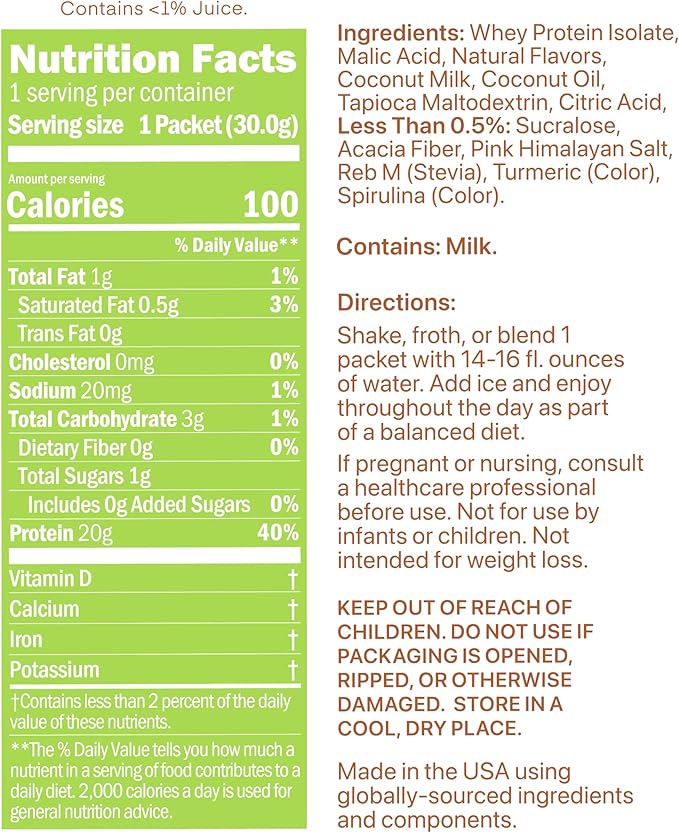 Oath Nutrition Clear Whey Isolate Protein Powder Caramel Apple 20g Complete Protein per Serving No Added Sugar Grass-Fed Single Serving (6 Count)
