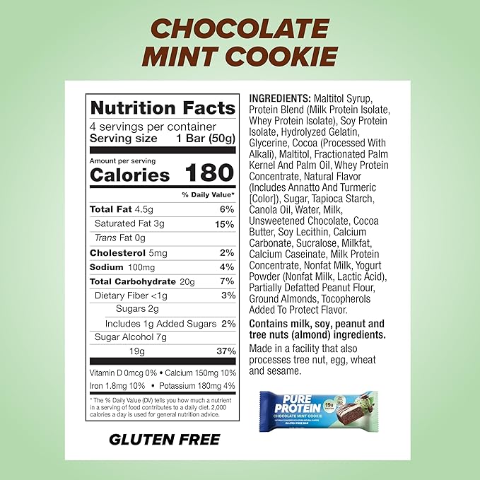 Pure Protein Chocolate Mint Cookie Protein Bars – 20g Protein 3g Sugar 190 Calories (36 count) Low Sugar* High Protein Snack - Gluten Free - Perfect for a Healthy Snack