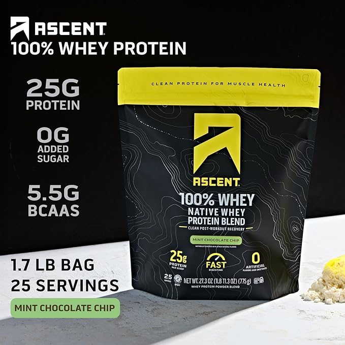 Ascent 100% Whey Protein Powder - Post Workout Whey Protein Isolate Zero Artificial Flavors &amp Sweeteners Gluten Free 5.5g BCAA 2.6g Leucine Military Exclusive Mint Chocolate Chip 1.7 lb