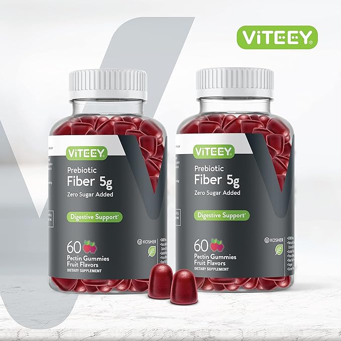Viteey Prebiotic Fiber Gummies for Adults 5g - Gut Health &amp Digestive Soluble Fiber Supplement Gummies - Zero Sugar Added Vegan Gluten-Free - 120 Count