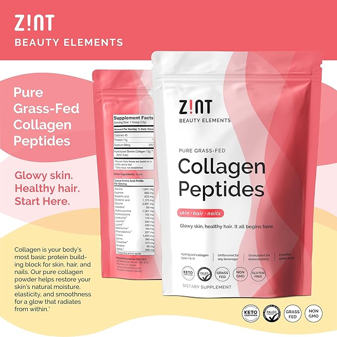 Zint Collagen Peptides Powder (32 oz) | Grass-Fed Hydrolyzed Type I &amp III | Supports Skin Hair Joints &amp Gut Health | Rich in Key Amino Acids | Paleo-Friendly Keto Non-GMO Unflavored