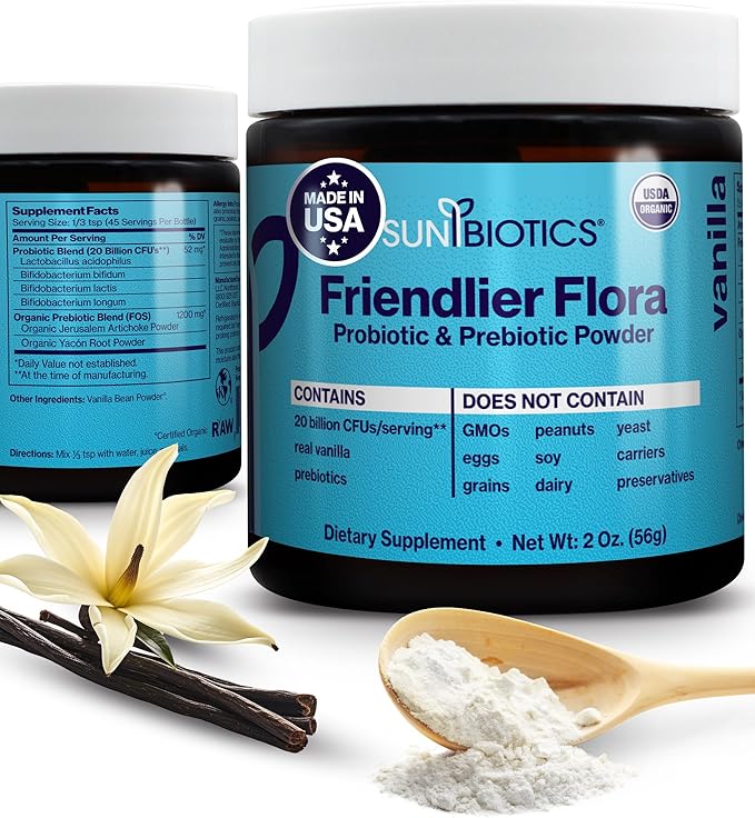 SUNBIOTICS Friendlier Flora - Prebiotic &amp Probiotic Powder for Women &amp Men with 20 Billion CFUs of 4 Probiotic Strains for Good Gut Flora Immune System &amp Balanced Microbiome - Vanilla 2