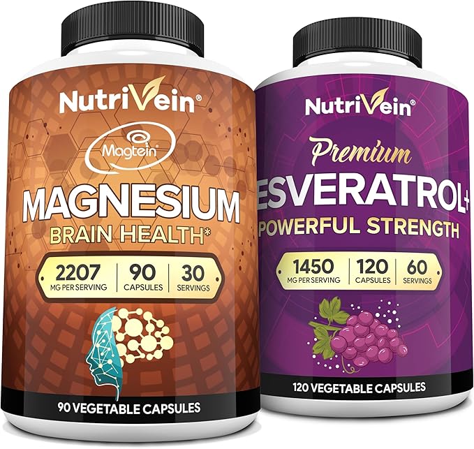 Nutrivein Premium Magnesium L-Threonate &amp Resveratrol Supplement Bundle: High-Absorption Magnesium Threonate and Resveratrol Capsules for Repair Defenses &amp Vitality