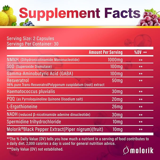 NMNH (Dihydronicotinamide Mononucleotide) 1000mg Per Serving NAD High Purity Supplement Alternative 60 Capsules Gluten Free Non-GMO for Anti-Aging Energy Focus - 30 Servings