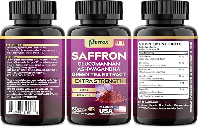 Saffron Supplement with Glucomannan Ashwagandha Green Tea Extract Zeaxanthin &amp Lutein Vision Support &amp Daily Wellness Formula Extra Strength Plant-Based Capsules 2 Month Supply (60 Caps)
