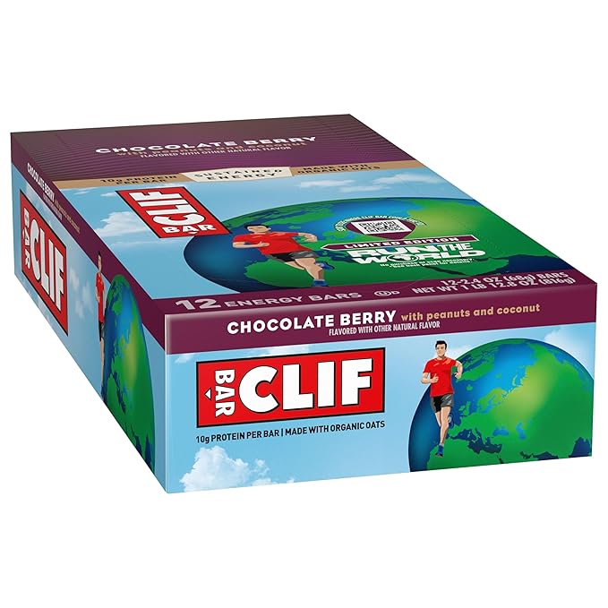 CLIF BAR – Energy Protein Bars – Limited Edition Run the World - Chocolate Berry - Made with Organic Oats - Energy Bars - Non-GMO (12 Pack)