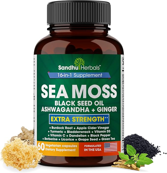 Sandhu Herbals Seamoss &amp Turmeric Curcumin with Bioperine Capsules | Supports Immune Digestive Cognitive Skin &amp Hair Health