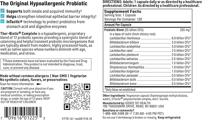 Klaire Labs SFI Health Ther-Biotic Complete - 25 Billion CFU Gut Probiotics for Women and Men - Hypoallergenic 12 Strain Probiotic Capsules for Digestive Health and Immune Support (120 ct 2 Pack)