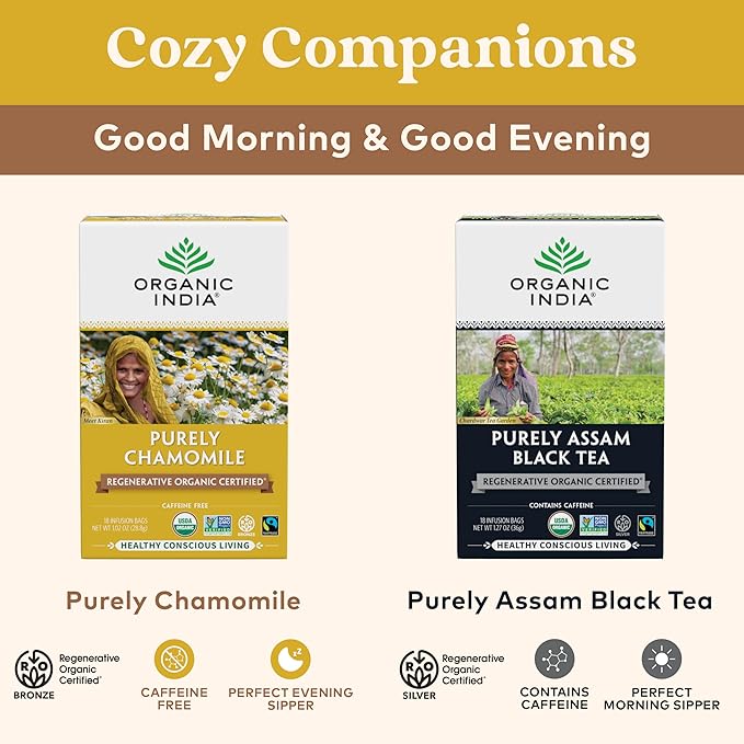 Organic India Purely Chamomile Tea - Regenerative Organic Chamomile Flowers Caffeine Free Calming &amp Relaxing Herbal Tea Natural Support for Sleep &amp Relaxation - 18 Bags Pack of 3