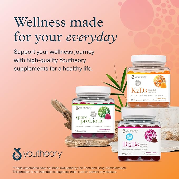 Youtheory K2D3 - Bone &amp Heart Health Support* - Combines Vitamin D3 &amp Vitamin K2 - Dairy Soy &amp Gluten Free - Peach 60 Vegetarian Gummies (Pack of 2)
