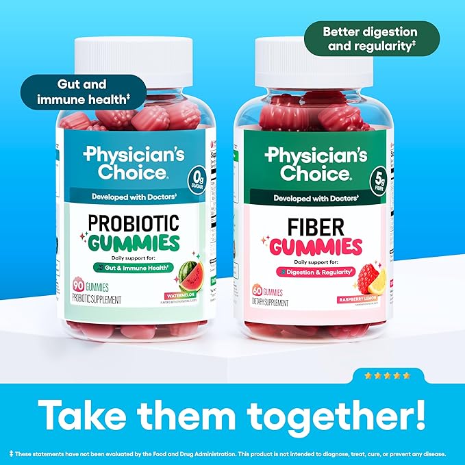 Physician's CHOICE Probiotic Gummies with Vitamin D &amp Prebiotic Fiber - Sugar Free - 1B CFUs of Clinically Studied Probiotic - Supports Immune &amp Gut Health for Women &amp Men - Watermelon Fla