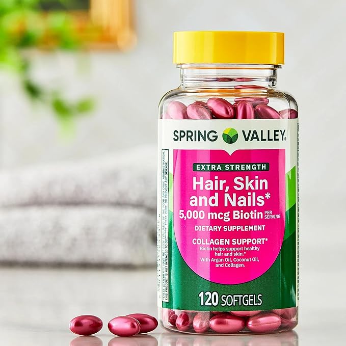 SUREFECT Spring Valley Extra Strength Hair Skin &amp Nails Collagen Support Softgels 5000 mcg Biotin 120 Count + Organizer