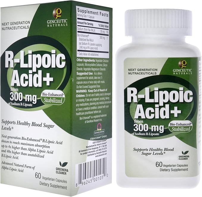 Genceutic Naturals R-Lipoic Acid Dietary Supplement | Vegetarian | Vegan | Gluten Free | Non GMO | 300mg (60 Capsules) | Single Count