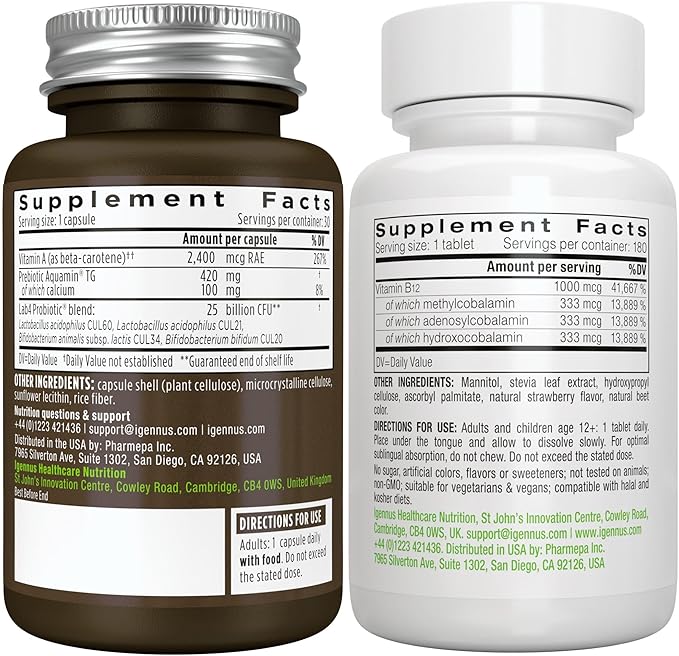 Live Cultures+ Lab4 Probiotics + Super B12-Complex Vegan Bundle 25 Billion CFU Lactobacillus Acidophilus and Bifidobacterium + High Absorption Sublingual B12 by Igennus