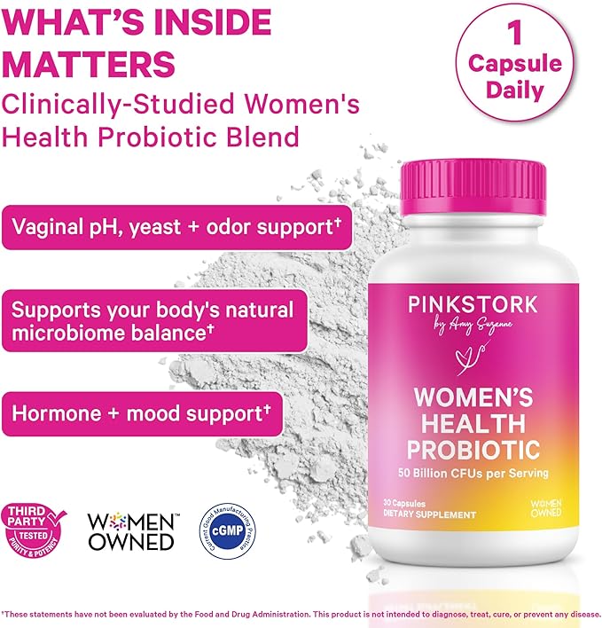 Pink Stork Women’s Health Probiotic 50 Billion CFU | Clinically Studied Probiotics | Vaginal Gut Mood &amp Hormone Balance | Yeast &amp Odor Support | Probiotic and Prebiotic Blend | 30 Vegan Ca