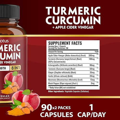 2packs 90 Capsules Turmeric Curcumin + Apple Cinder Vinegar Capsules 6 Month Supply with Ashwagandha Ginger 95% Standardized Curcuminoids Joint &amp Absorption Support