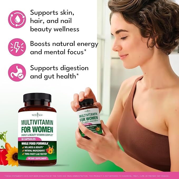 NEW AGE Multivitamin for Women - B-Complex Whole Foods Hair Support Iron - All in1 Womens Multivitamin - Bioavailable &amp Gentle on Stomach - Made in USA - 120 Count