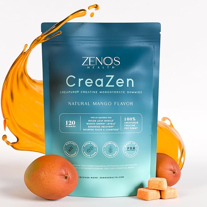 Zenos Health CreaZen - Creatine Monohydrate Gummies - Creatine Supplement for Muscle Growth Strength Recovery &amp ATP Boost Preworkout Supplements - Made in USA Mango Flavor - 120 Count