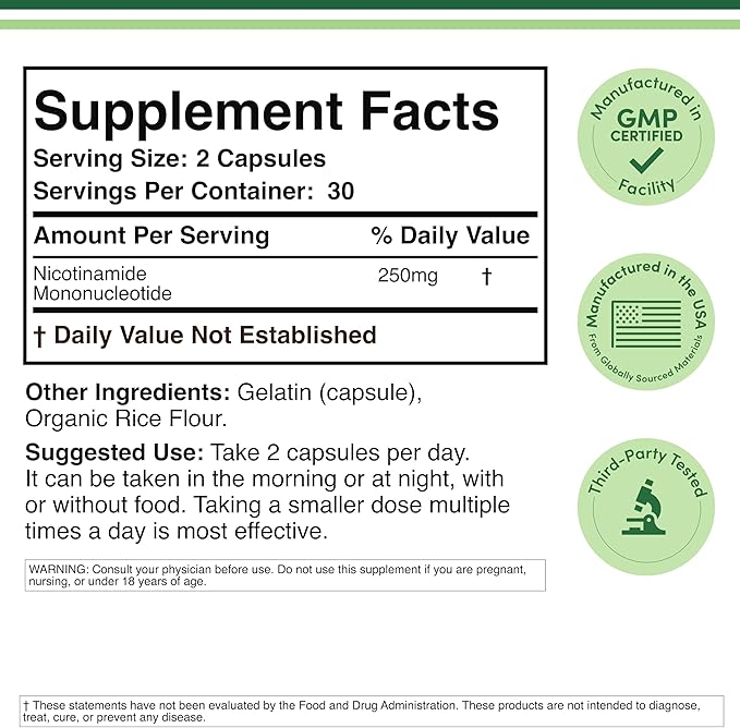 Double Wood Supplements NMN (Nicotinamide Mononucleotide) 250mg 60 Capsules - 30 Servings Gluten Free