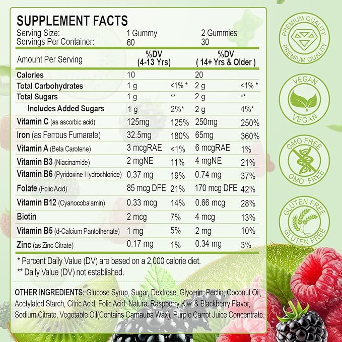 Iron Supplement for Women Men &amp Kids 65mg &amp Vitamin C 250mg per Serving with B6 B12 Folate- Energy Support for Iron Deficiency Anemia Vegan GummyRaspberry Kiwi &amp BlackBerry Flavor 60