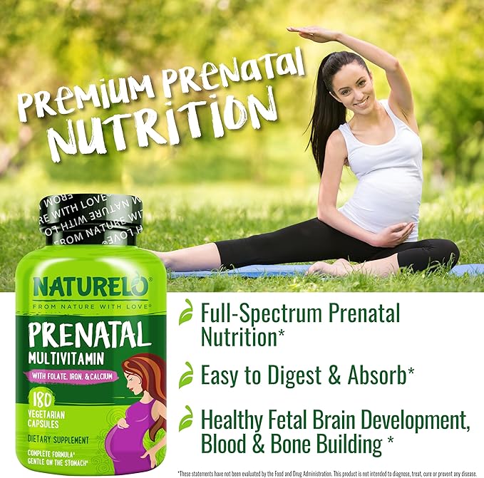 NATURELO Prenatal Multivitamin with Gentle Chelated Iron Methyl Folate Plant Calcium &amp Choline - Vegan Vegetarian - Non-GMO - Gluten Free - 180 Capsules - 4 Month Supply (Pack of 2)