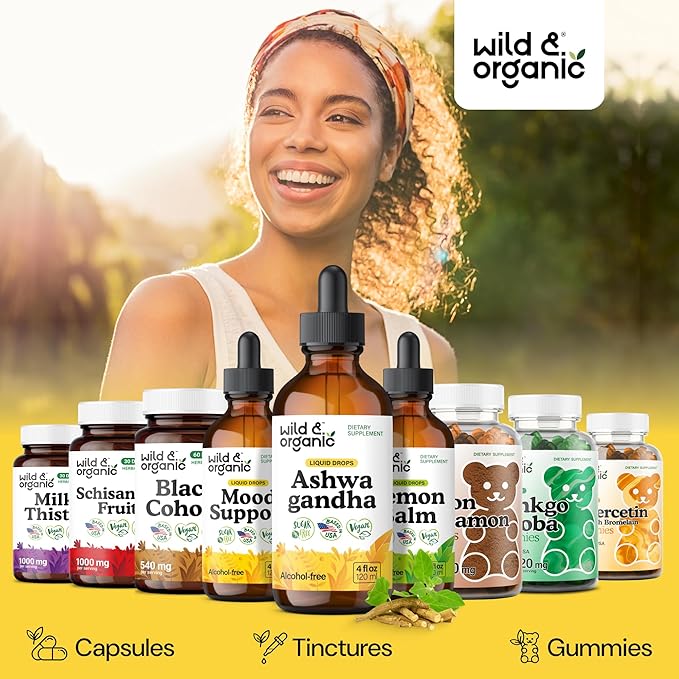 Wild &amp Organic Ashwagandha Drops - Mood Support &amp Positive Energy - 500 mg Ashwagandha for Women &amp Men - Add to Tea Liquid Extract for Relaxation - Non-GMO Sugar &amp Alcohol-Free Tinctu