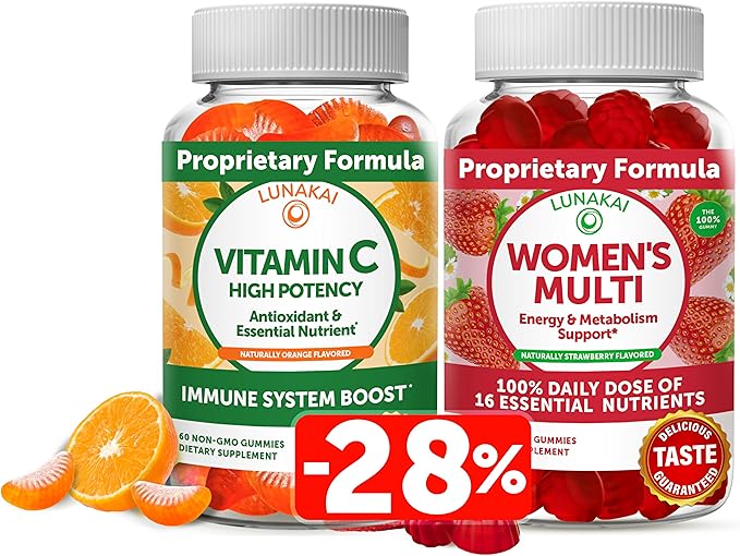 Lunakai Vitamin C and Women's Multivitamin Gummies Bundle - 300mg Organic Non-GMO Vegan Chewable Supplement - 100% Daily Value of 16 Essential Vitamins and Minerals Healthy Gummy - 30 Days Supply
