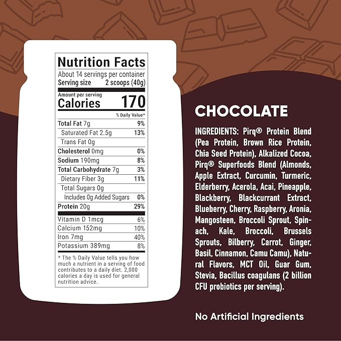 Pirq Dairy Free Protein Powder with 20g Protein Plant Based 2B CFU Probiotics 25 Superfoods Greens and Fruits Vegan 0g Sugar (14 Servings) (Chocolate)