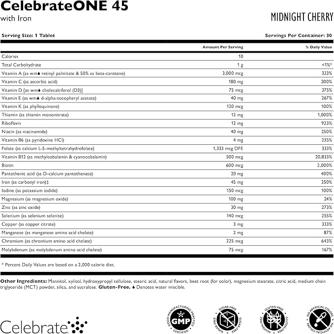 Celebrate Vitamins CelebrateONE 45 Chewables 45mg Iron - Once Daily Bariatric Multivitamin Essential Vitamins &amp Minerals - Gastric Bypass &amp Sleeve Gastrectomy Supplement - Cherry (90 Tablets