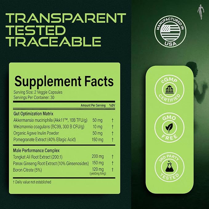 Simple Creatures Akkermansia Probiotic for Men – AKK11™ 5-in-1: Craving Control · Gut Barrier · Male Drive · Debloat · Energy | Probiotic Prebiotic Postbiotic | Tongkat Ali &amp Boron | 60 Caps