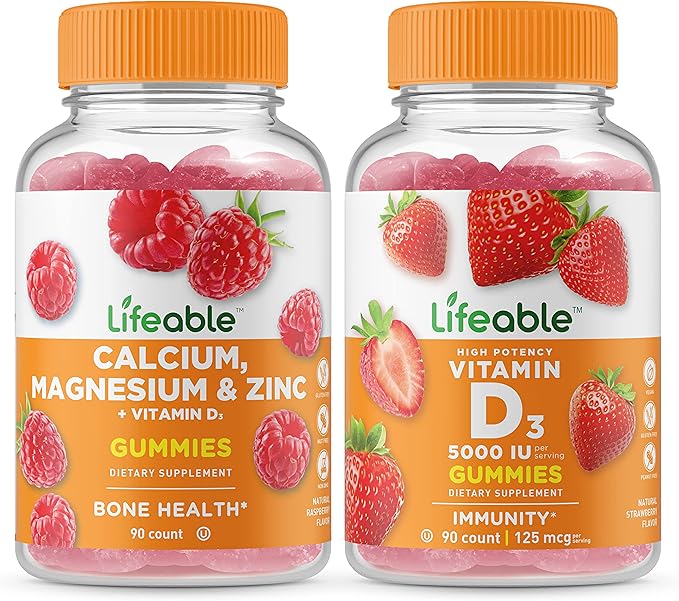 Lifeable Calcium Magnesium Zinc &amp Vitamin D + Vitamin D 5000 IU Gummies Bundle - Great Tasting Vitamin Supplement Gluten Free GMO Free Chewable