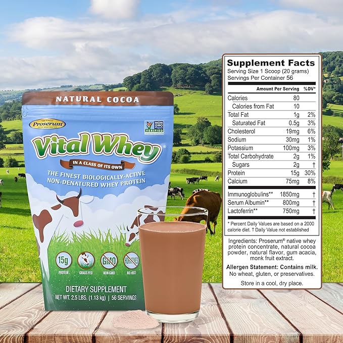 Grass-Fed Whey Protein Powder for Immune Vitality Natural Cocoa 2.5lbs (56 Servings) 15g Protein Per Serve Vital Whey Clean Holistic Wellness Nutrition