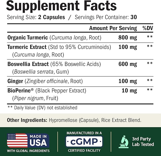 Boswellia Serrata Turmeric Supplement for Joint Support &amp Inflammation Balance – Turmeric Boswellia Supplement with Ginger &amp Black Pepper Extract for Enhanced Absorption – Non-GMO - 60 Capsule