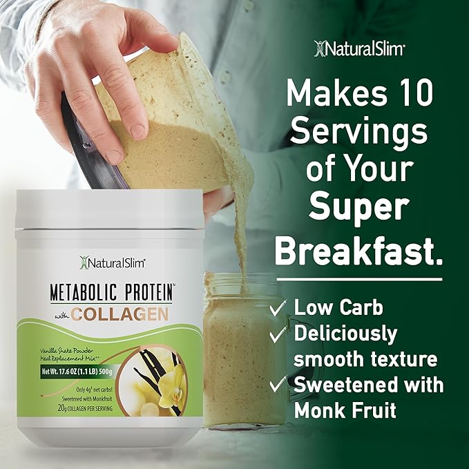 NaturalSlim Metabolic Protein Powder with Collagen whey protein powder shake Hydrolyzed Collagen with L-Glutamine for Metabolic Support Digestion Skin Joints &amp Muscle Low Carb 17.06 oz Vanil