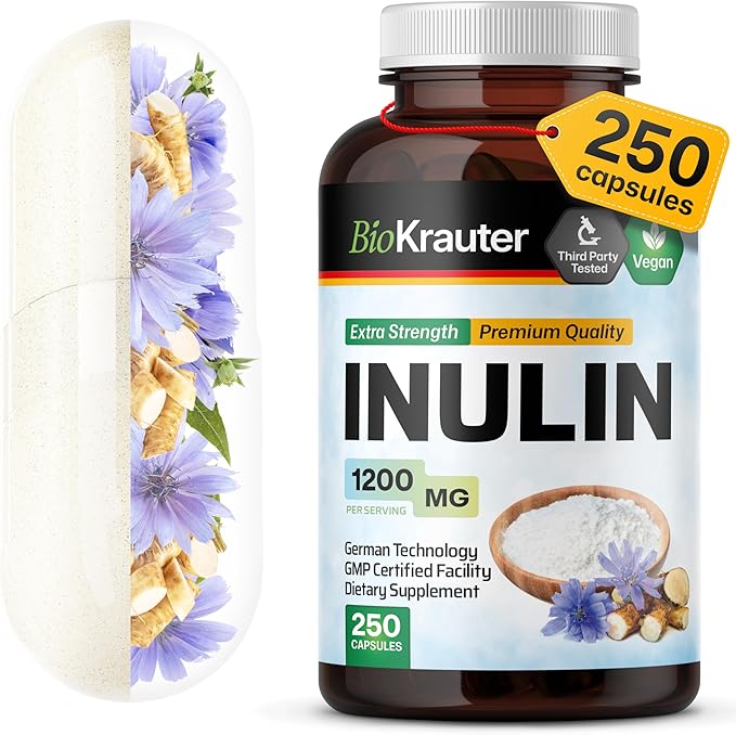 BIO KRAUTER® Inulin Powder from Chicory Root in Capsules 1200 mg per Serving 250 Count - Vegan &amp Pure Inulin Prebiotic Fiber for Gut &amp Digestive Support - No Fillers Non-GMO - 41 Days of Supp