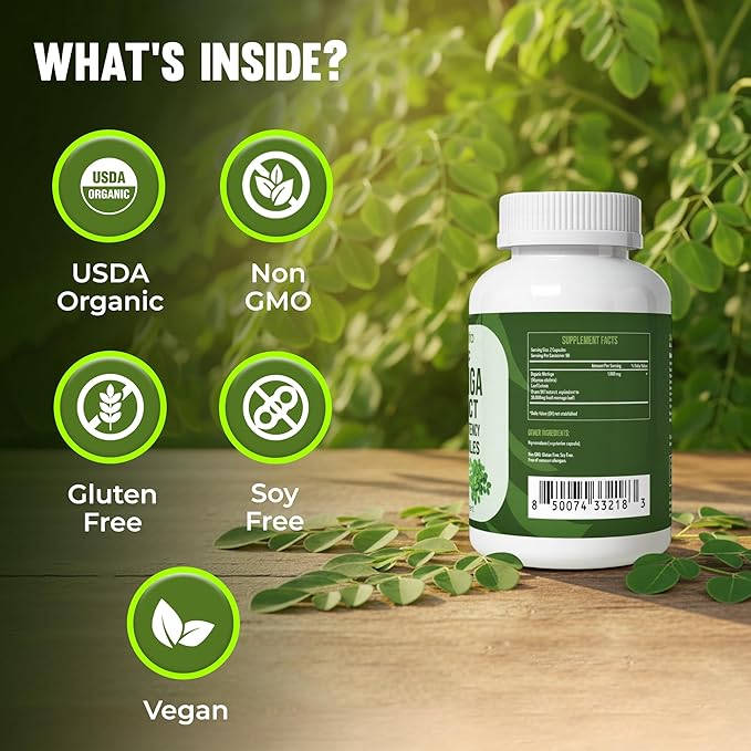 Moringa Capsules – Organic Moringa Oleifera Leaf Extract – Moringa Supplement – Maximum Potency Green Superfood – Immune &amp Antioxidant Support – Vegan Non-GMO – Made in USA – 180 Capsules
