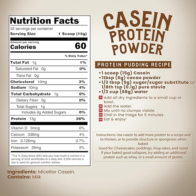 Casein Protein Powder Pure Micellar Casein Gluten Free for Baking high Protein Low Calorie Snacks no sweeteners 1.1lb