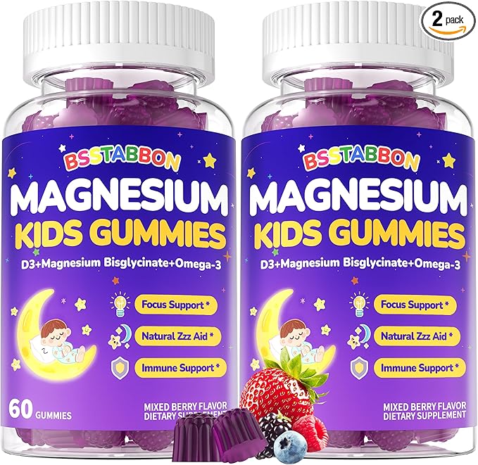 Kid’s 4+ Magnesium Glycinate Gummies: Extra Strength Melatonin Free Magnesium Bisglycinate 100mg 200mg Supplement with L-Theanine B6 D3 Omega3 for Overall Health - Zzz Aid for Kids(120Count)