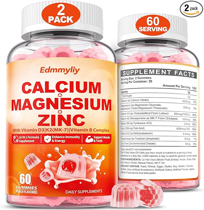 Calcium Magnesium Zinc Supplement Gummies with Vitamin D3 K2 &amp B Complex for Women Men 1000mg Calcium Citrate with Magnesium Gummies for Bone Muscles &amp Immune Support Sugar Free Vegan