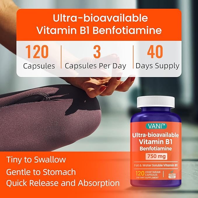 Mega Benfotiamine 750mg with Vitamin B-1 Highly Bioavailable Benfotiamine B1 Supplement Derivative to Support Overall Health* Gluten-Free 120 Capsules (1)