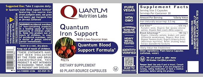 Quantum Nutrition Labs Iron Support - Iron Supplement for Women and Men Vegan Iron Supplements Low Dose Gentle Iron Naturally Sourced to Support Healthy Blood - 60 Vegetarian Capsules